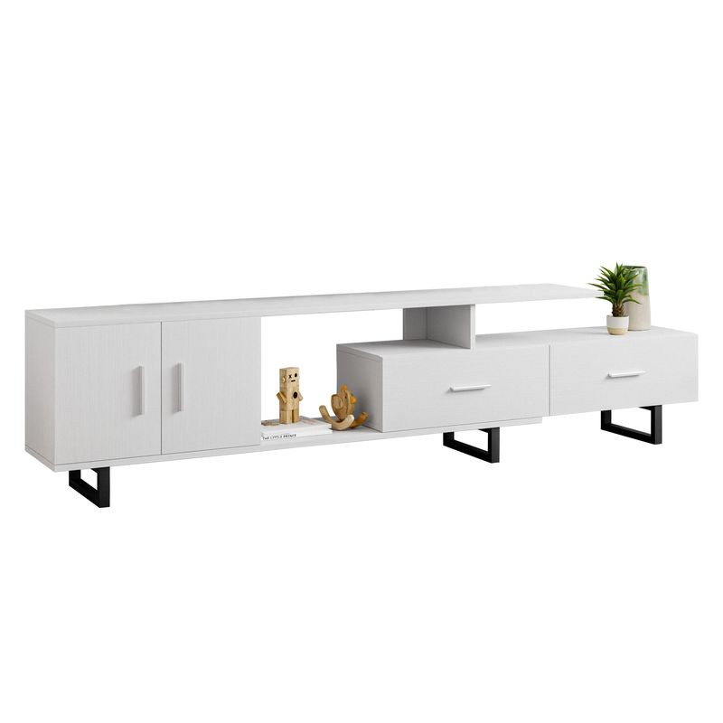 LeisureMod Avery Mid-Century Modern TV Stand with MDF Cabinet and Powder Coated Steel Legs White Closer View.