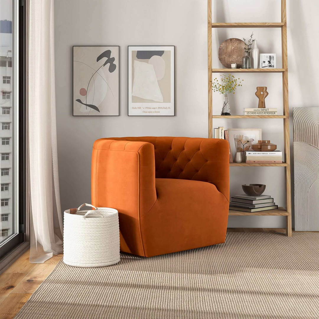 Delaney Burnt Orange Velvet Swivel Chair in Room.