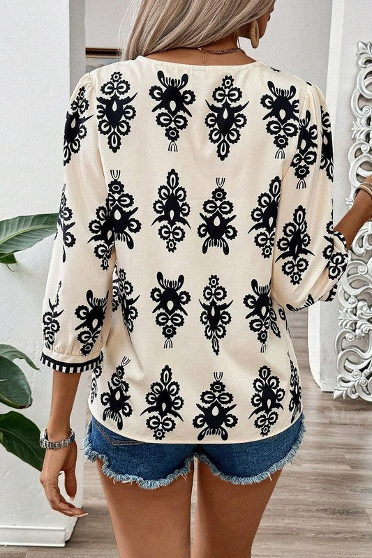 Ethnic Abstract Print Puff Sleeve V Neck Blouse