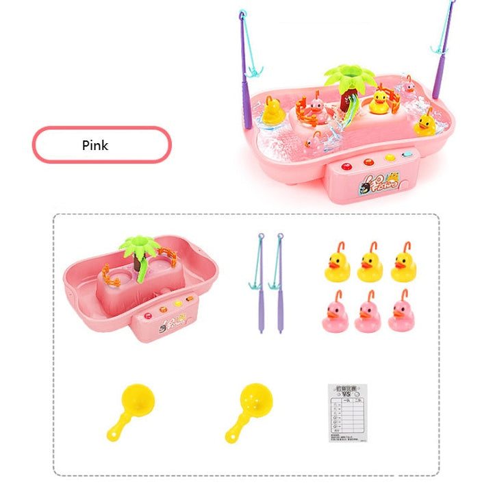 Pink fishing game set with toys and accessories on a white background.