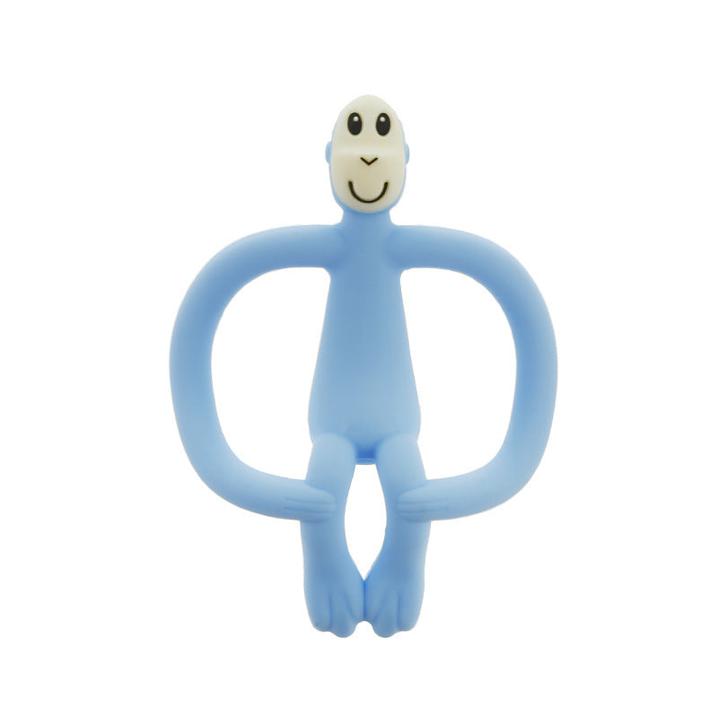Blue baby teether with a smiling face on a white background.