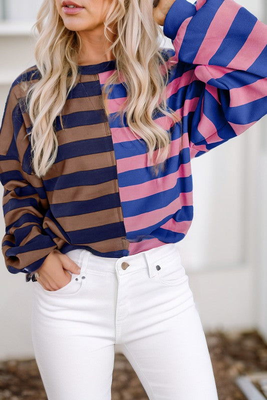 Color Block Drop Shoulder Pullover Sweatshirt