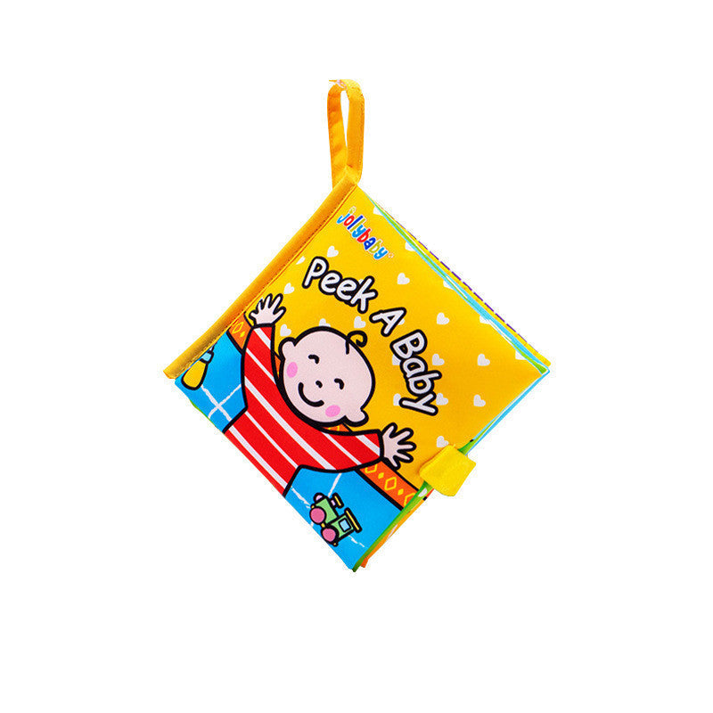 Colorful soft book titled 'Peek A Baby' with a cartoon character on a white background.