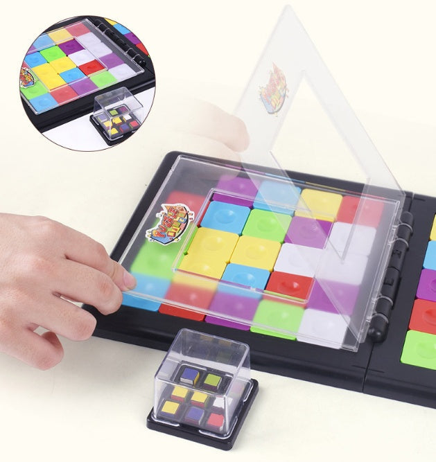 Colorful square puzzle with a hand interacting with it on a white background.
