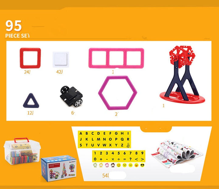 Toy building set with pieces and packaging on a yellow background.