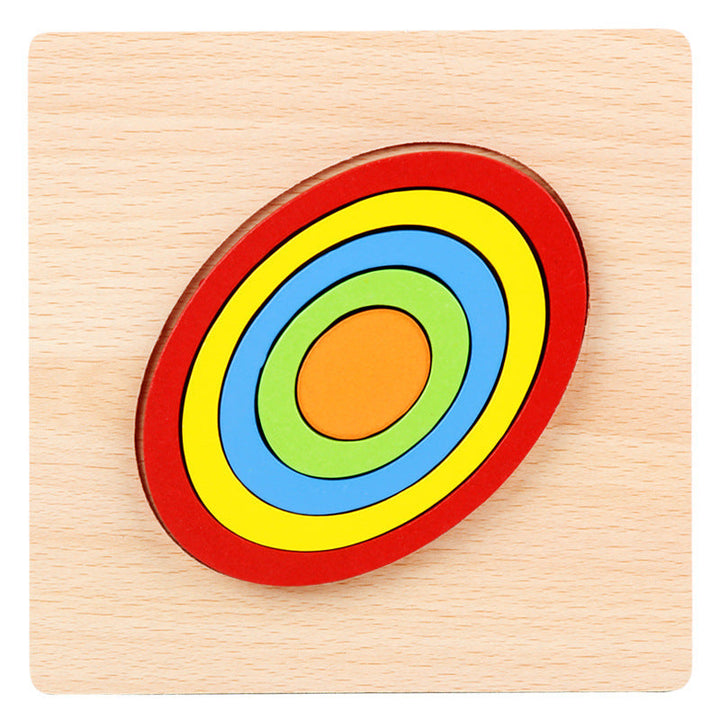 Colorful circular puzzle on a wooden base.