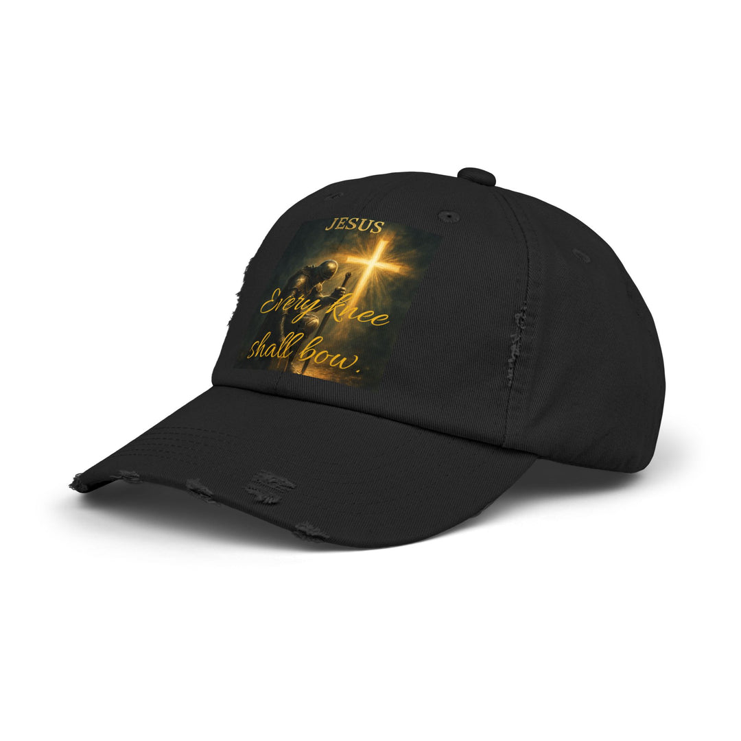 Jesus Cross Distressed Cap — "Every Knee Shall Bow" Christian Hat