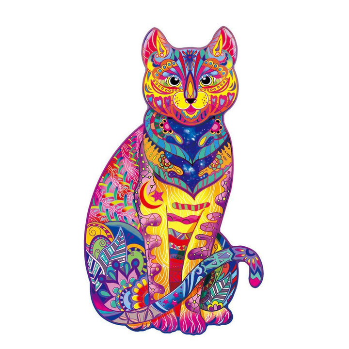 Colorful psychedelic-style cat illustration on a white background.
