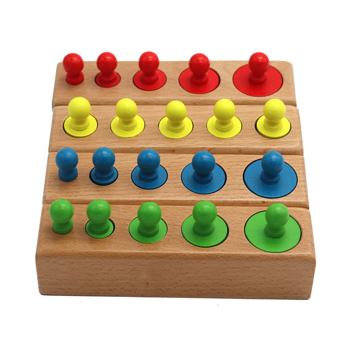 Wooden educational toy with colorful pegs on a white background.