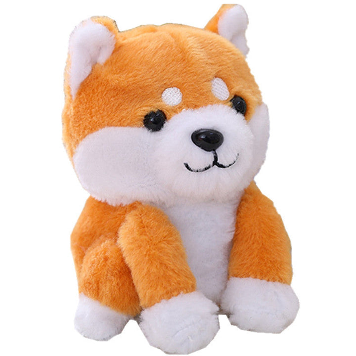 Plush toy shaped like a cartoon dog with orange and white fur on a white background.