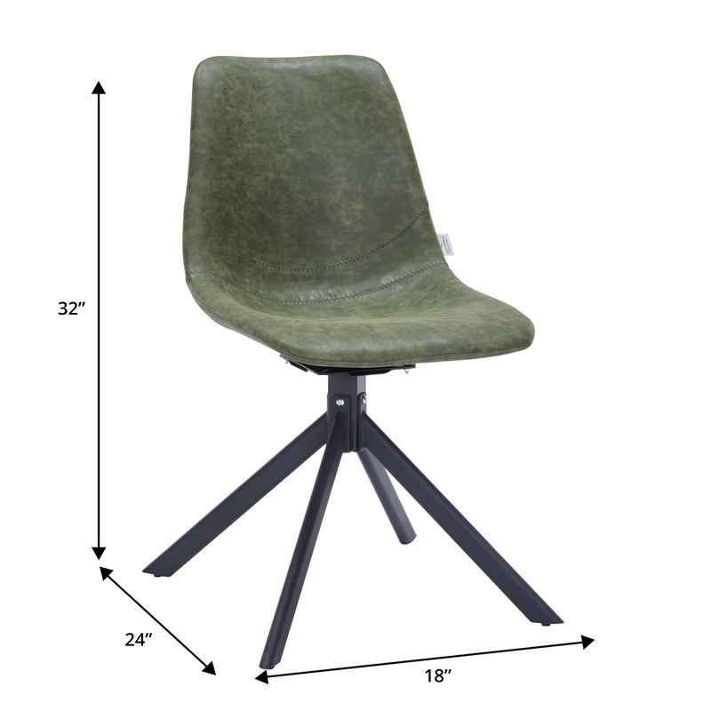 Green chair with black metal base and dimensions on a white background.