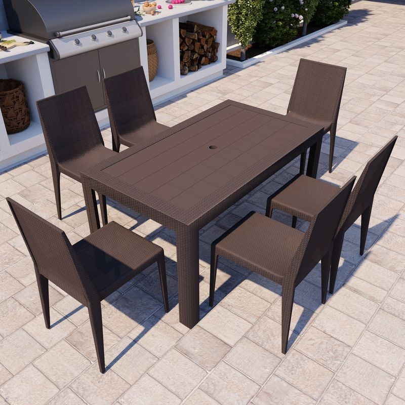 LeisureMod Weave Mace Indoor/Outdoor Dining Chair (Armless) Brown at Table.