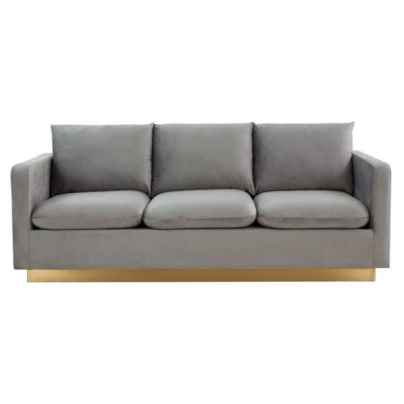 LeisureMod Nervo Modern Mid-Century Upholstered Velvet Sofa with Gold Frame Light Grey Front View.