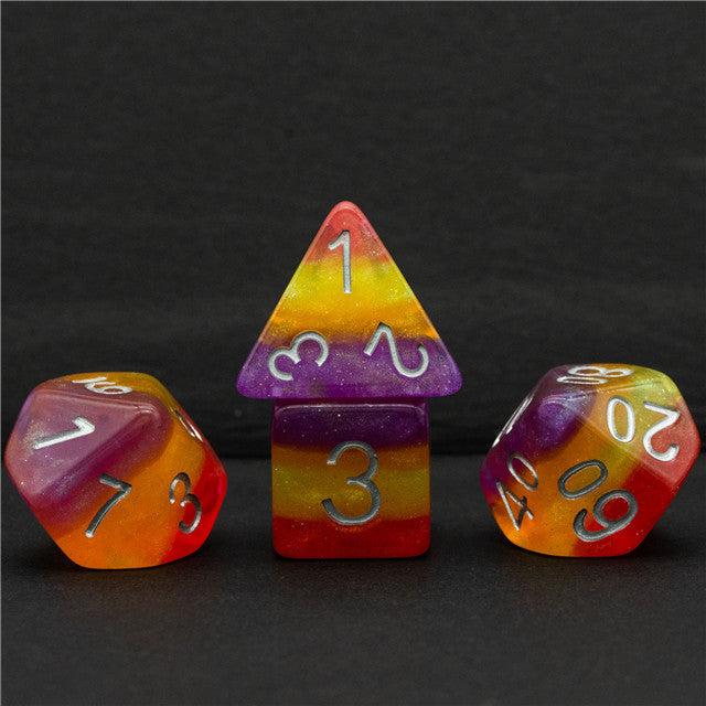 Orange Yellow Purple Glitter Layer 7-Dice Set w/Silver Numbers