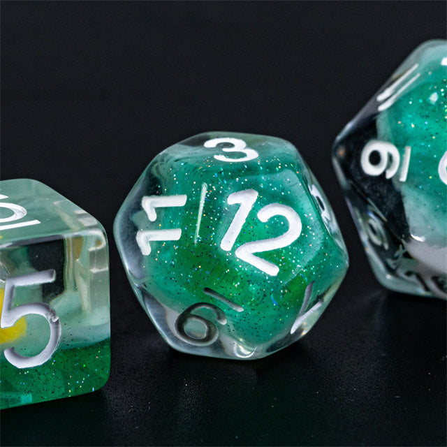 Gold Fish Green 7-Dice Dnd Dice | Glitter w/White Numbers Set
