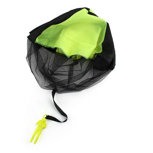 Black and green parachute with a yellow clip on a white background.