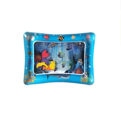 Inflatable pool toy with underwater scene and cartoon characters on a white background.