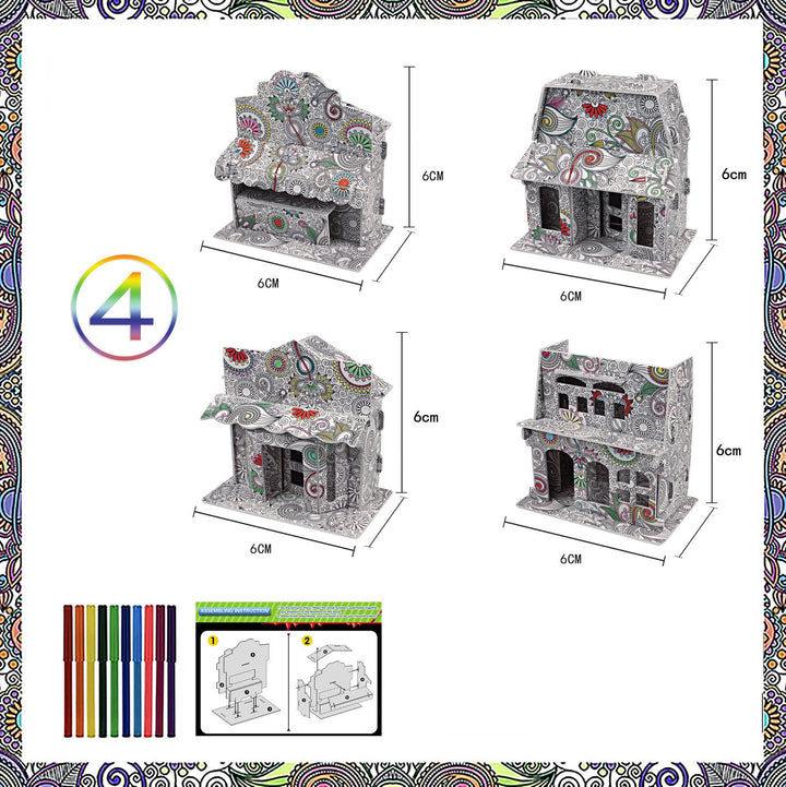 Colorable house model with markers and coloring guide, featuring measurements.