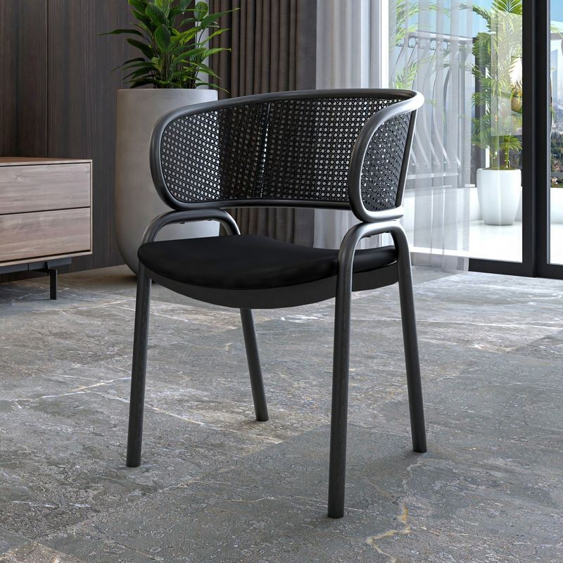 LeisureMod Ervilla Dining Armchair in Black Steel Frame with Black Wicker Back and Black Seat with Background.