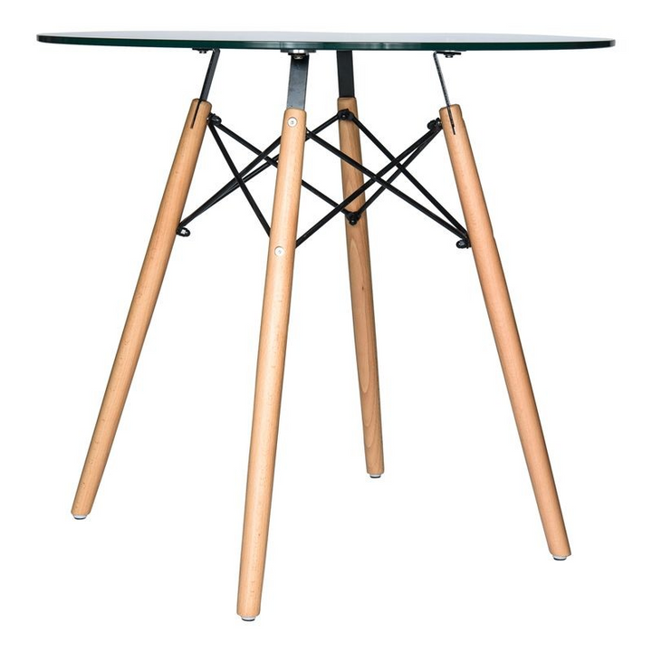 LeisureMod Dover Round Bistro Glass Top Dining Table w/Natural Wood Eiffel Base Side View.