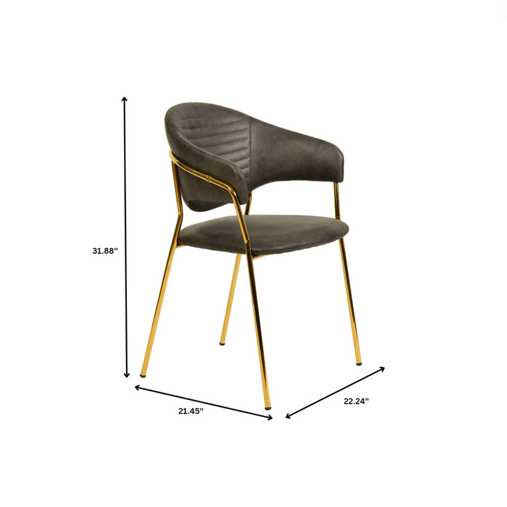 Gray chair with gold legs and dimensions on a white background.