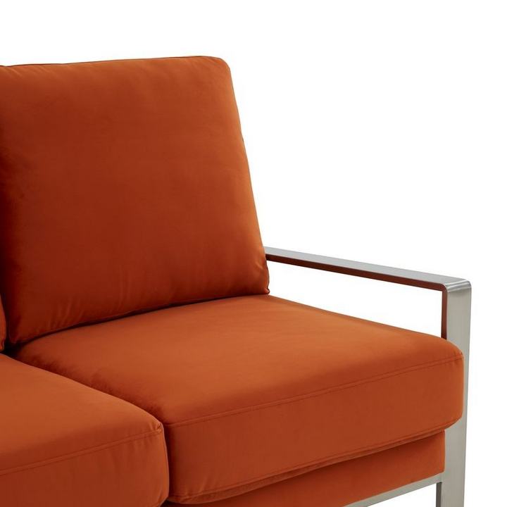 LeisureMod Jefferson Contemporary Modern Design Velvet Sofa with Silver Frame Orange Closeup.