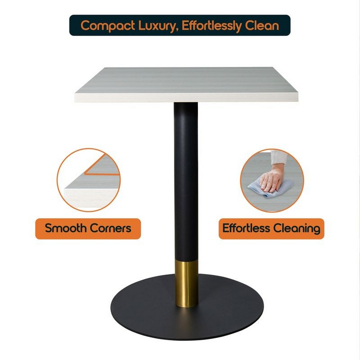 LeisureMod Vail Collection Dining Table Black/Gold Base With 24" Square Light Wood Brown MDF Top Details.