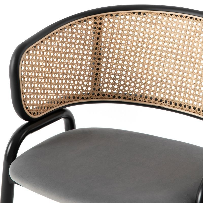 Leisuremod Ervilla Modern Dining Chair with Stainless Steel Legs Velvet Seat and Wicker Back Grey Closeup.