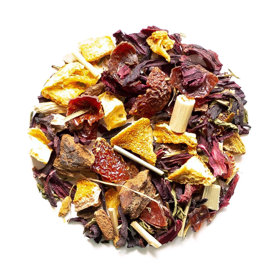 Assorted dried tea leaves on a white background.