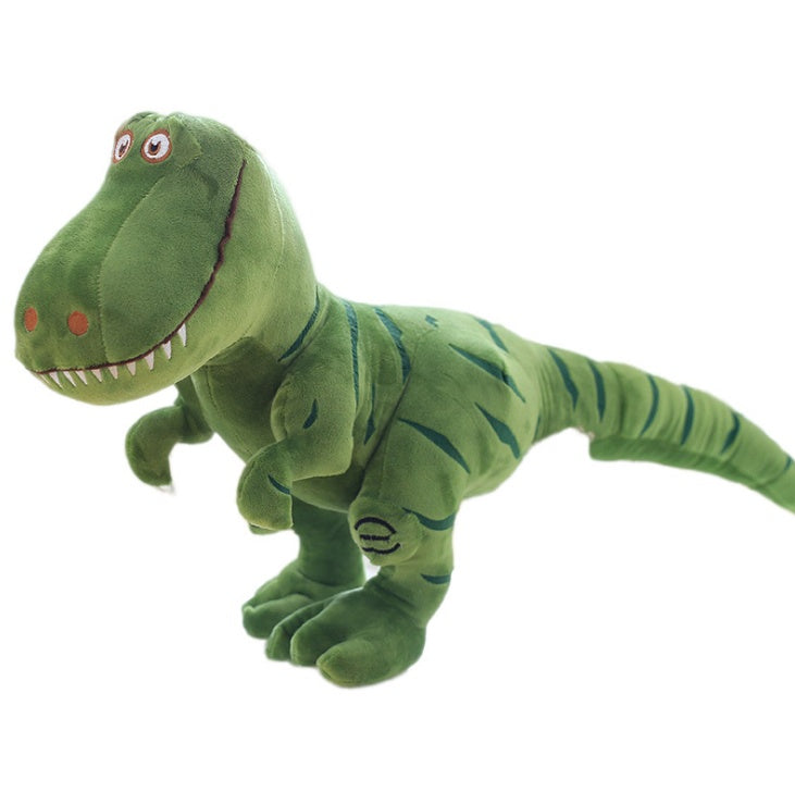 Green dinosaur plush toy on a white background.