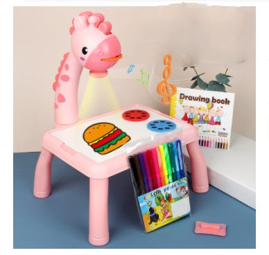 Pink toy chair with drawing activities on a blue surface.