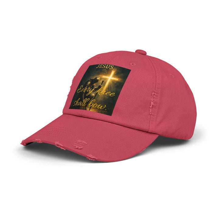 Jesus Cross Distressed Cap — "Every Knee Shall Bow" Christian Hat