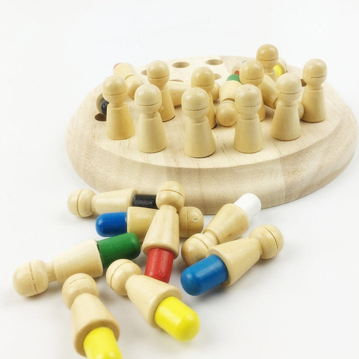 Wooden pegs with colored tops on a circular wooden base.