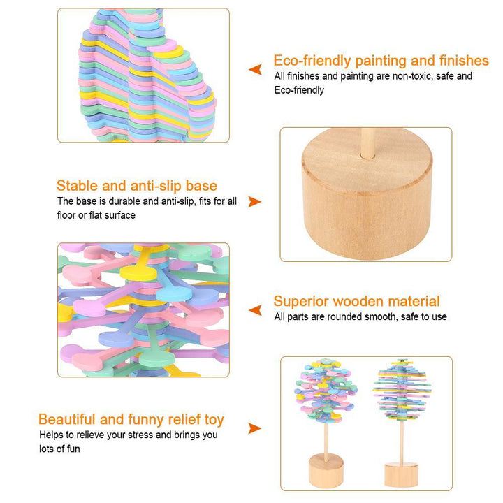 Colorful relief toy with wooden base and text highlighting eco-friendliness, stability, and material quality.