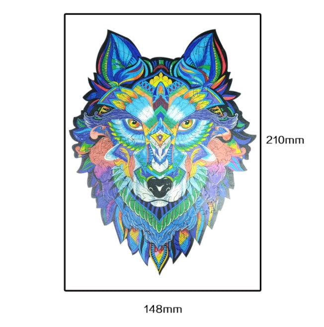 Colorful wolf head design with measurements on a white background.
