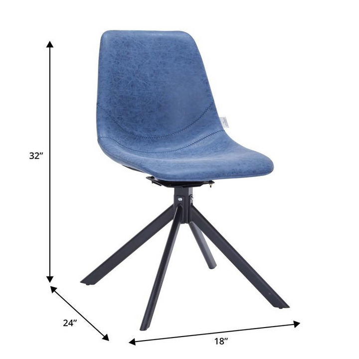 Blue chair with black legs and dimensions indicated on a white background.