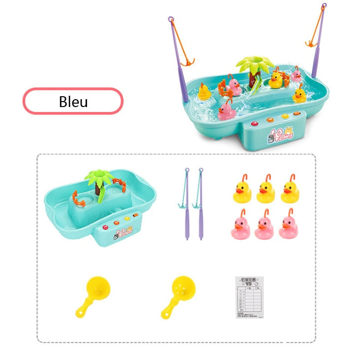 Children's fishing toy set with a blue fishing boat, fishing rods, and colorful ducks on a white background.