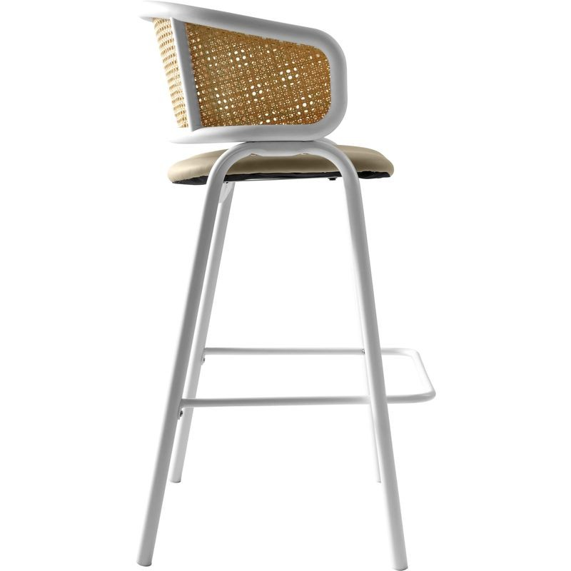 LeisureMod Ervilla Wicker Bar Stool with Fabric Seat and White Steel Frame in Taupe Side View.