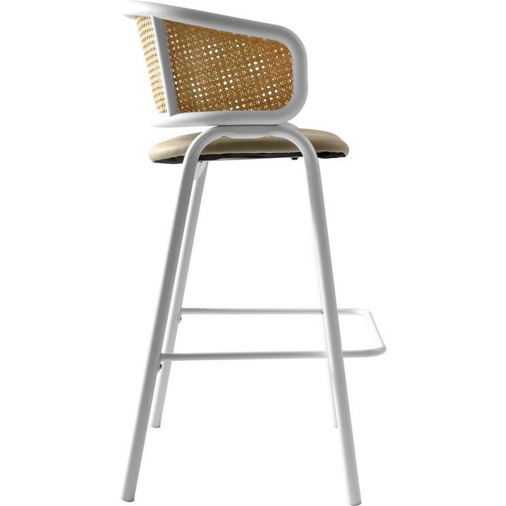 LeisureMod Ervilla Wicker Bar Stool with Fabric Seat and White Steel Frame in Taupe Side View.