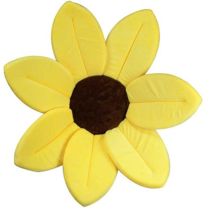 Plush sunflower toy with yellow petals and a brown center on a white background.