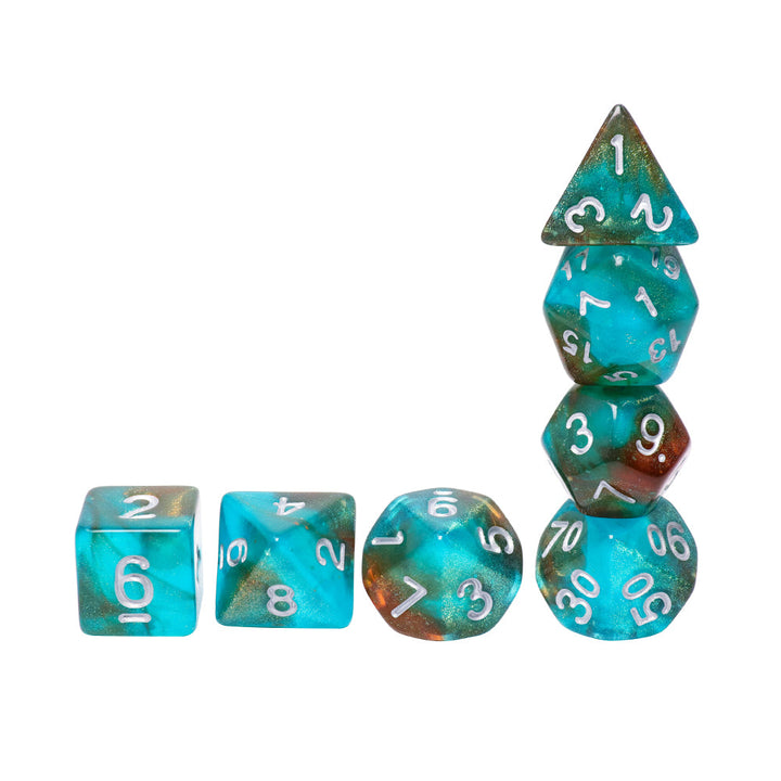 Neverland 7-Dice Set Teal/Orange w/Silver Numbers Dnd Dice Set (Blacklight reactive)
