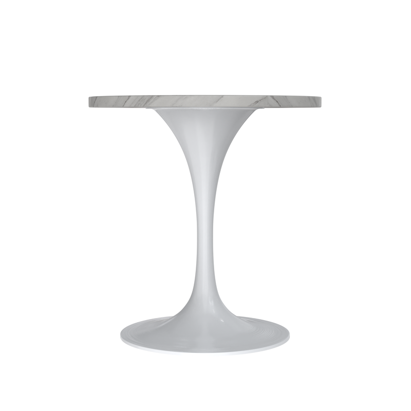 LeisureMod Verve Collection 27 Round Dining Table, White Base with Sintered Stone White Top Side View.