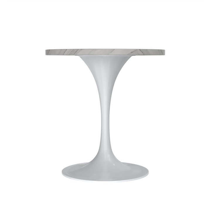 LeisureMod Verve Collection 27 Round Dining Table, White Base with Sintered Stone White Top Side View.