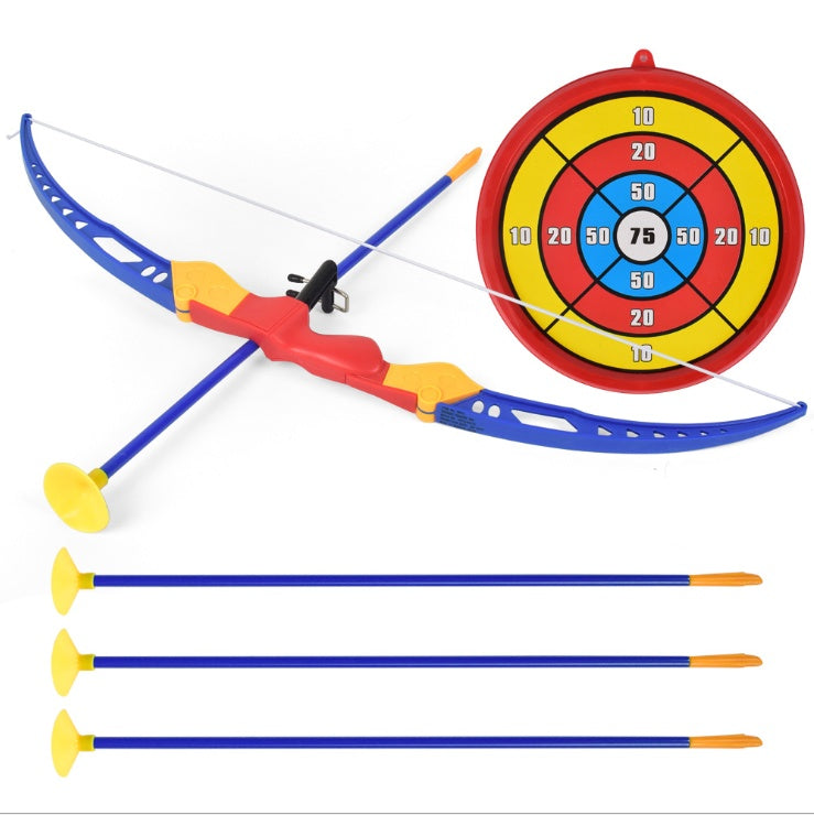 Toy bow and arrow set with a target on a white background.