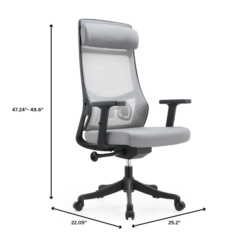 Gray office chair with dimensions indicated on a white background.