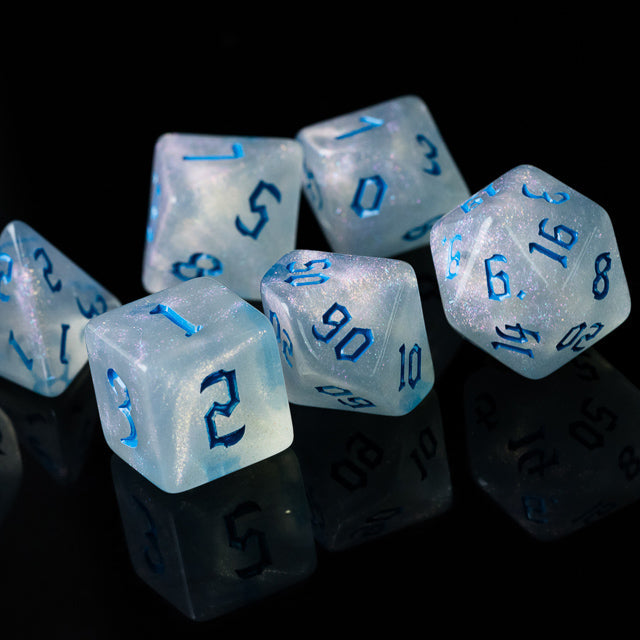 Glitter Party White Glitter Dice (Blue font) 7-Dice Set RPG DND