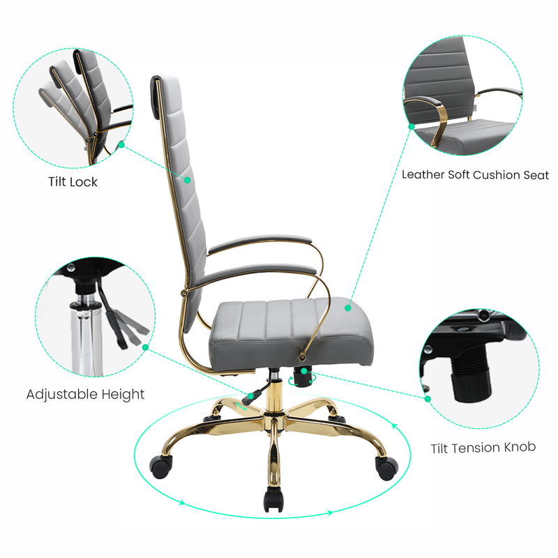 Gray office chair with features highlighted on a white background.