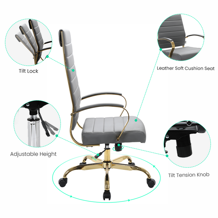 Gray office chair with features highlighted on a white background.