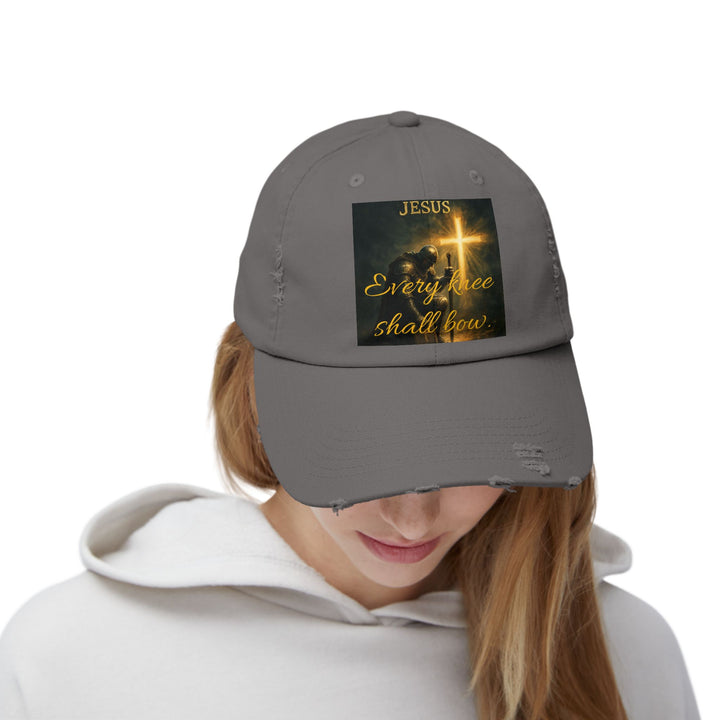 Jesus Cross Distressed Cap — "Every Knee Shall Bow" Christian Hat