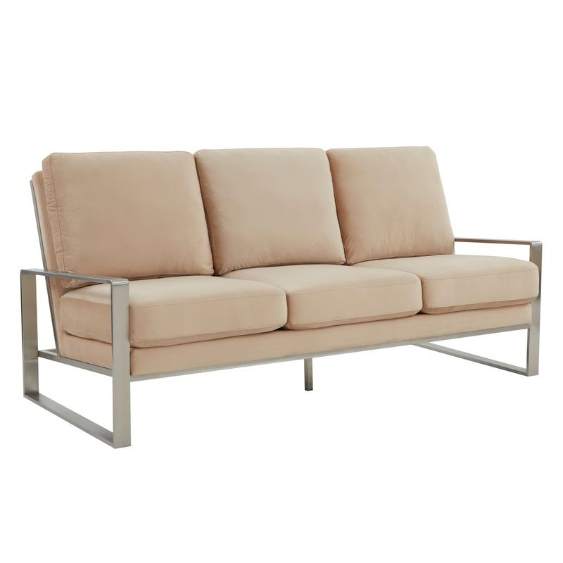 LeisureMod Jefferson Contemporary Modern Design Velvet Sofa with Silver Frame Beige